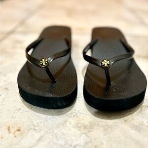 Tory Burch Black Wedge Sandals with Gold Logo